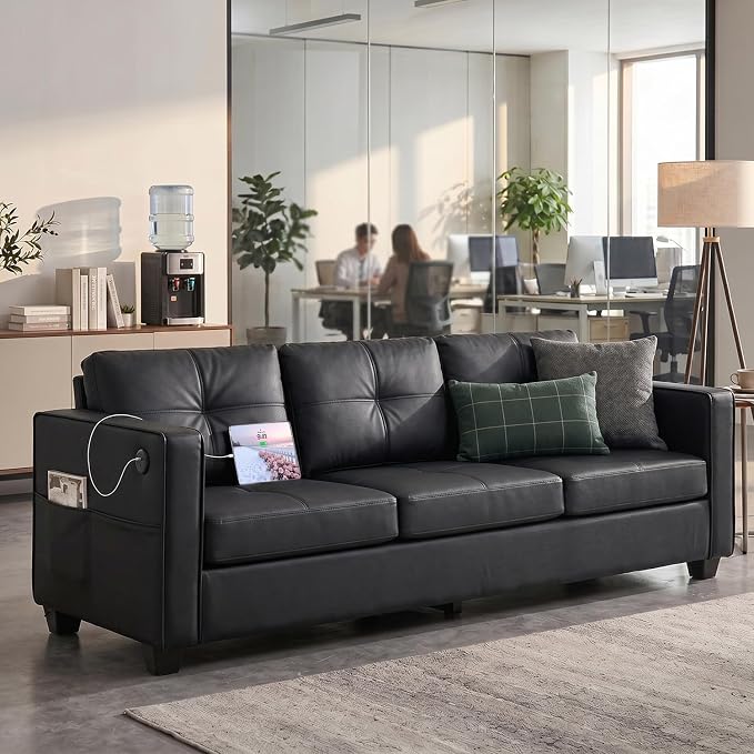 TYBOATLE 88" W Faux Leather Couches w/USB, Tufted Mid-Century Modern Comfy Black Leather Couch w/Side Pockets and Wider Arms for Living Room, 3 Seater Leathe Sofa for Office, Apartment, Bedroom