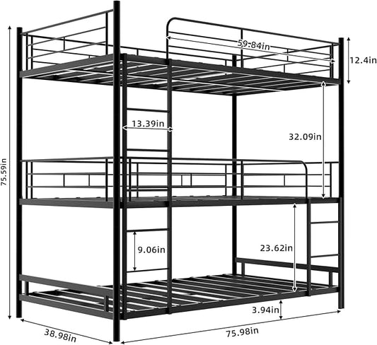 Triple Bunk Bed, Twin Over Twin Heavy Duty Metal 3 Bunk Beds with Safety Guardrails and Dual Ladders, Metal Bunk Bed for 3, Convertible to 3 Beds for Teens & Adults, Black | triple bunk beds