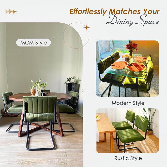 ONEVOG Mid Century Modern Dining Chairs Set of 2, Green Velvet Kitchen Chairs with Tufted Backs, Upholstered Wide Seat, Armless Cantilevered Chairs with Metal Legs for Kitchen Living Room