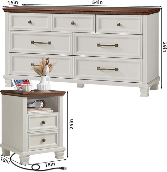 SAVOR LIFE Farmhouse Dresser and Nightstand Sets 3 Piece, 7 Drawer Dresser & 2 Drawer Nightstand Set, Rustic Wood Bedroom Furniture Set for Home, White
