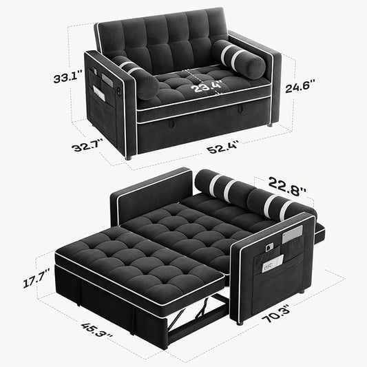 Marsail 3-in-1 Convertible Futon Sleeper Sofa Bed, Pull Out Couch with Adjustable Backrest, USB Charging & Side Pockets, Velvet Fabric Sofa for Living Room, Apartment, Loveseat, Dark Black