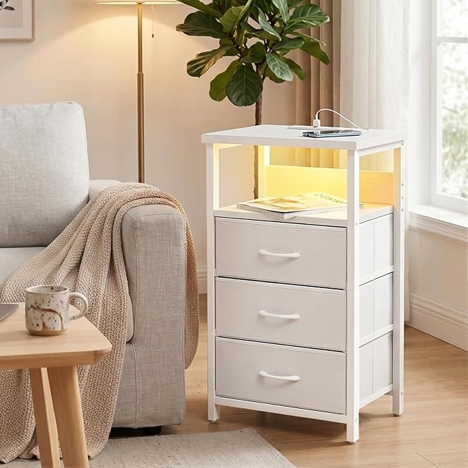 Fixwal White Nightstand with Charging Station, LED Night Stand with 3 Fabric Drawers and Open Shelf, Bedside End Table in Bedroom