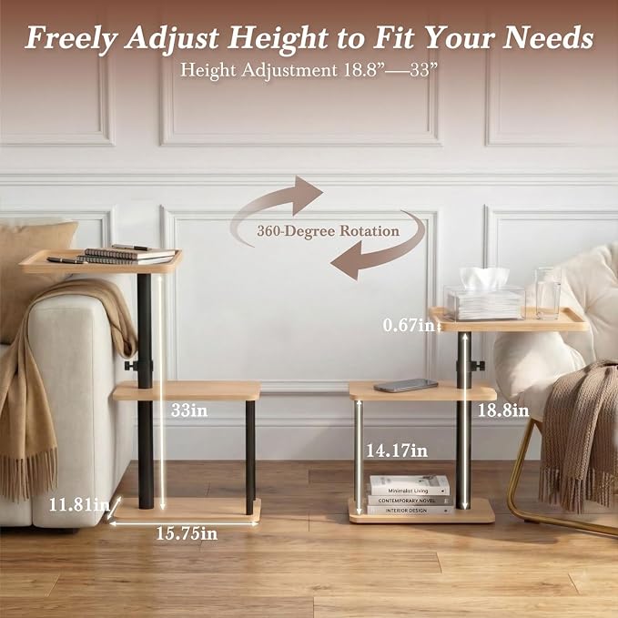 Faesun C Table End Table Adjustable Height, 360°Swivel TV Tray Table for Small Spaces, Small Nightstand for Living Room, Bedroom, Oak