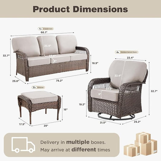 Belord Luxury Patio Furniture Set with 5-inch Thick Cushion, Outdoor High Back Swivel Rocker Patio Chairs, 7PCS Wicker Conversation Set for Deck Yard and Poolside,Beige