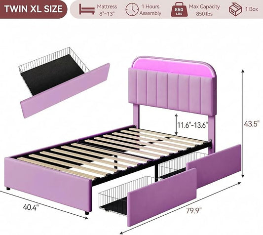 GarveeHome Twin XL Bed Frame with Storage Headboard, Kids Bed Frame with 2 Drawers, Velvet Upholstered Platform Bed Frame with Lights, No Box Spring Needed, Easy Assembly, Velvet Purple