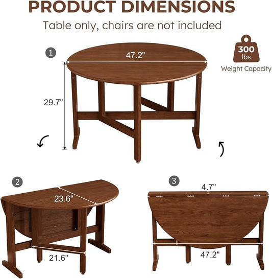 47.2" Solid Wood Small Round Dining Table, 3 in 1 Space Saving Folding Dining Table, Foldable Kitchen Table for 2-6, Round Table with Leaf, Wooden Folding Table Drop Leaf Tables for Small Spaces