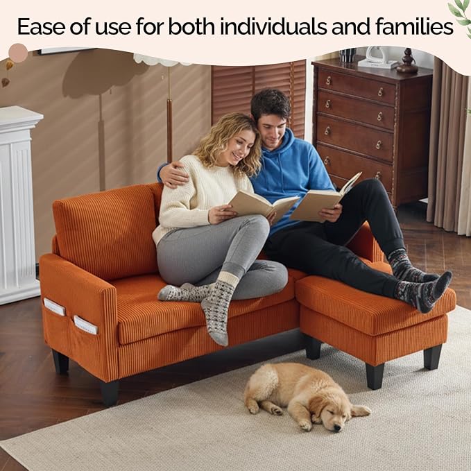 VINGLI 68.5' L Shaped Couch with Movable Storage Ottoman, Convertible Sectional Sofa in Soft Corduroy Fabric, Modern Reversible Chaise Couch for Small Spaces, Apartment, Living Room,Orange
