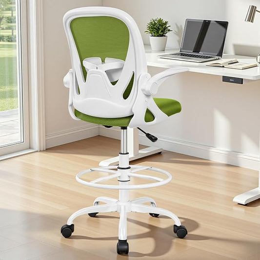 Primy Drafting Chair Tall Office Chair with Flip-up Armrests Executive Ergonomic Computer Standing Desk Chair with Lumbar Support and Adjustable Footrest Ring (AvocadoGreen)