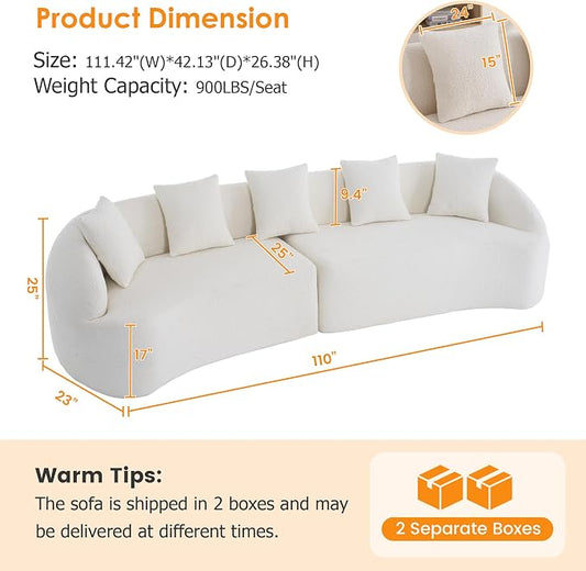 111" Boneless Sofa Couch 4 Seater, Modern Oversized Curved Couch, Luxury Wood Grain Chenille Fabric, Deep Seat Sectional Couches for Living Room (Cream White, 111")