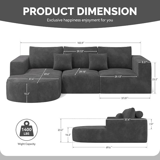 Boneless Couches for Living Room,Cloud Sectional Couch with L-Shape Chaise,Modern Modular Sofa with Deep Seat Upholstered Comfy Couches for Bedroom,No Assembly Required,1PCS