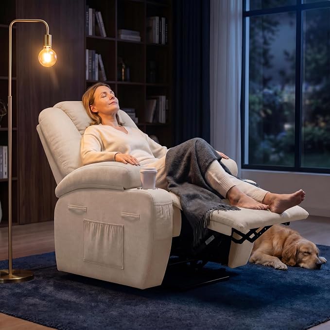 Flamaker Power Lift Chair Massage Recliner Chairs for Elderly - Ergonomic Design with Cup Holders & Side Pockets, Remote Control (Beige)