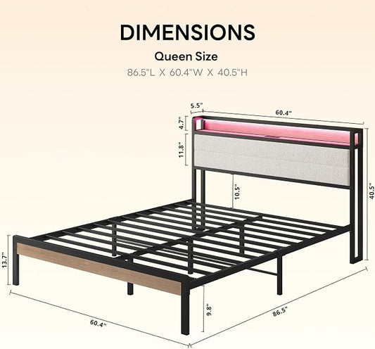 LIKIMIO Queen Bed Frame with Storage Headboard and LED Lights, Metal Platform Bed with Charging Station, Noise Free, No Box Spring Needed, Under Bed Storage, Natural and Cream