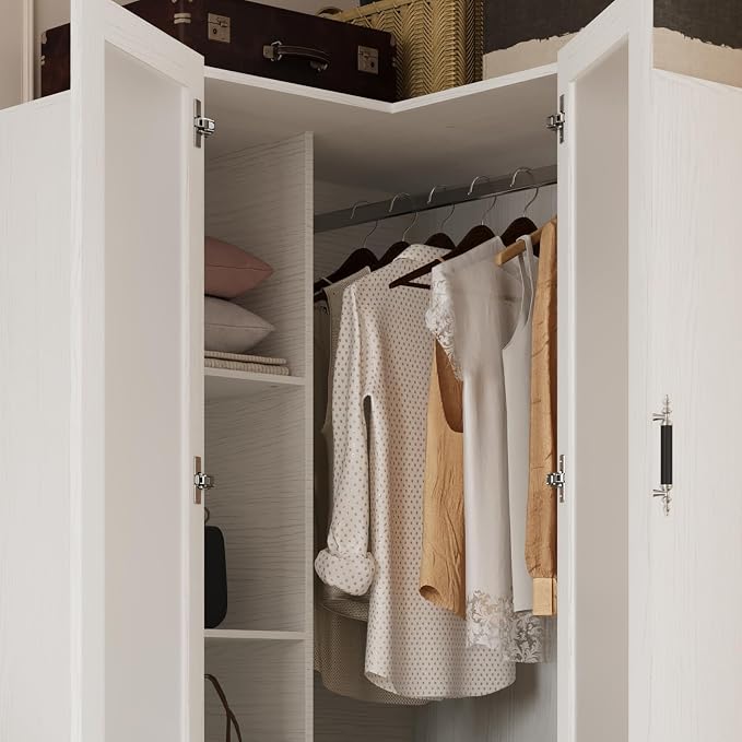 MEISSALIVVE L-Shape Armoire Wardrobe Closet with Frosted Glass Door, 70.9''H Bedroom Clothing Storage Cabinet with Hanging Rod, Adjustable Shelves, Clothes Wardrobe Armoire for Bedroom, Wood Grain
