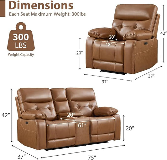 CANMOV Genuine Leather Power Recliner Sofa Set, Two Power Recliner Chair and Loveseat Set, 3 Pieces Leather Couch with Storage Console, USB Ports, Cup Holders for Living Room,Brown