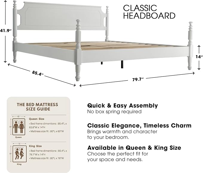 Solid Wood King Size Platform Bed Frame, A Headboard & Footboard, Under Bed Storage, 12 Strong Slats with Center Metal Legs, Anti-Noise & Slip-Free, No Box Spring Needed, Pure White Finish, ROK-39