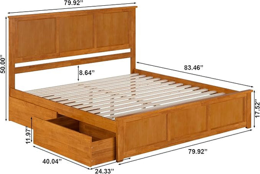 AFI, Madison King Solid Wood Platform Bed with Matching Footboard & Storage Drawers, Light Toffee