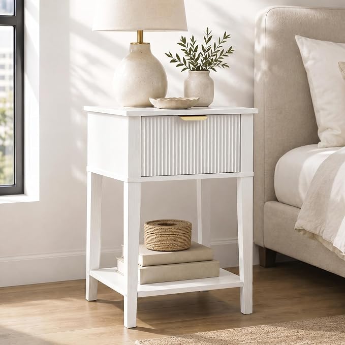 White 15" Wide Small Nightstands Set of 2, Drawer Shelf, Fluted Front | Matching pair, slim 11.8-inch depth, drawer and lower shelf each, bright storage for both sides of a bed or guest room