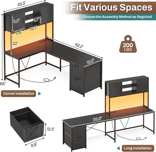 SEDETA Corner Computer Desk, Reversible L Shaped Computer Desk with Fabric Drawers and Power Outlet, Gaming Desk with Led Lights, Hutch and Storage Shelf for Home Office, Black