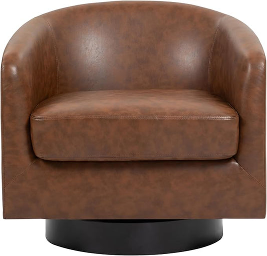Faux Leather Swivel Barrel Accent Chairs Set of 2, Comfy Club Chair Upholstered Round Armchair for Lving Room, Coffee