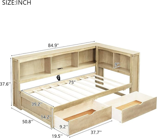 Bellemave Twin Corner Bed Frame with USB Ports, Wood Twin Size Daybed with L-Shaped Bookcase and 2 Drawers,Daybed with Storage Cabinets, Wood Color