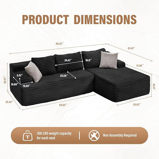 Hobestluk Boneless Couch Modular Sectional Sofa L-Shape Cloud Couch Lounge | 96" Right Facing Chaise Black,Memory Foam,Removable Cover,Non-slip Bottom,No Assemble Required,Furniture for Small Home