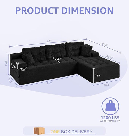 Hobestluk Modular Sectional Sofa Couches L-Shape Couch 3 Seat Modular Sofa Memory Foam Sectional Couches for Living Room, Cloud Couch with Oversized Chaise (Ebony Corduroy, 96", Right Hand Facing)