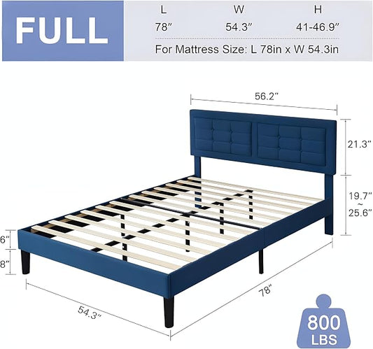 VECELO Full Size Bed Frame, Adjustable Upholstered Button Tufted Headboard, Heavy-Duty Bedframe with Wood Slats Support, No Box Spring Needed, Aegean Blue