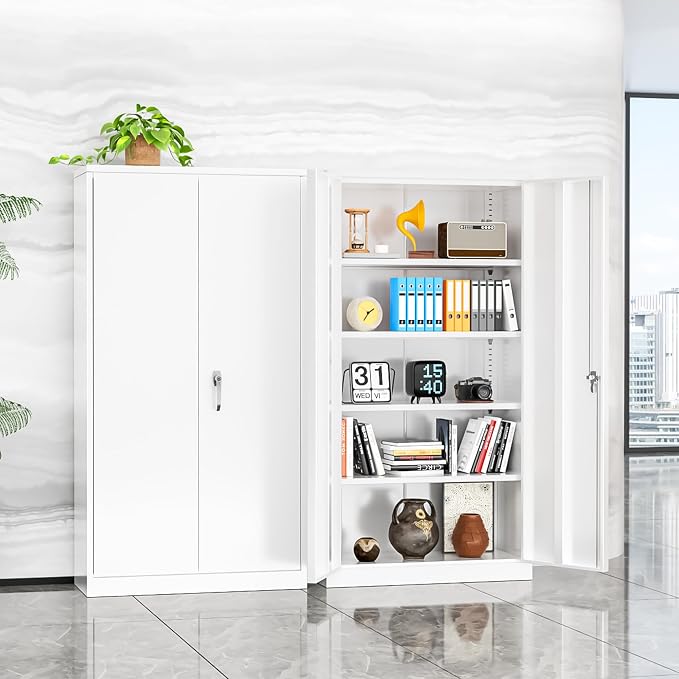 INTERGREAT Metal Lockable Storage Cabinet, 72” H Storage Cabinets with 2 Doors and 4 Adjustable Shelves for Office, Home, Garage, Pantry (Assembly Required, White)