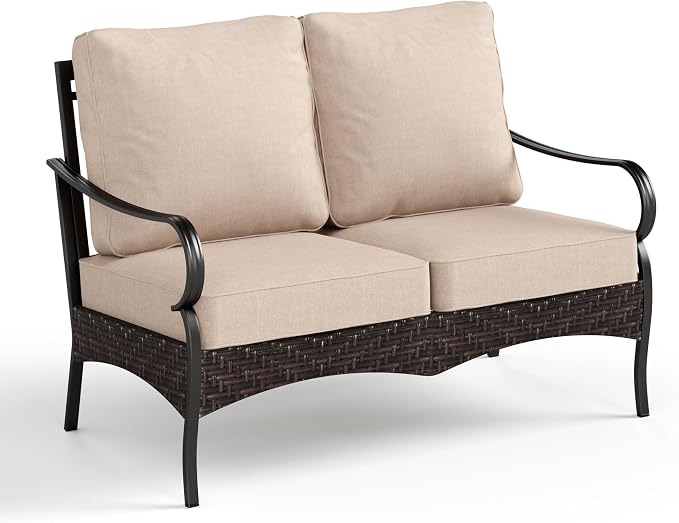 PHI VILLA Wicker & Metal Outdoor 2-Seat Patio Couch,Patio Sofa Loveseat with Deep Seating for Front Porch, Deck, Balcony, Backyard, Sunroom,Beige