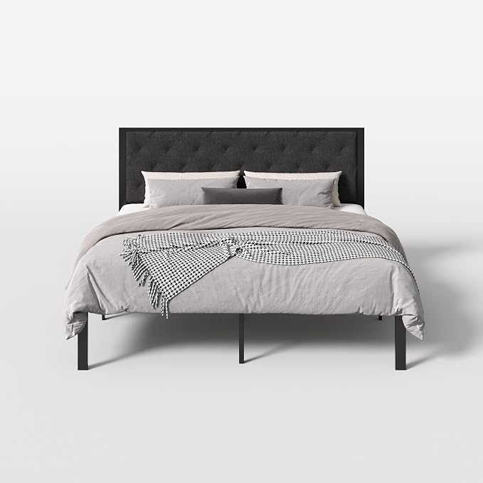 SHA CERLIN King Size Metal Bed Frame with Linen Tufted Headboard, Dark Gray | Modern Design Heavy-Duty Platform Bed, No Box Spring Need, Linen Fabric Upholstery, Noise Free, Easy Assembly