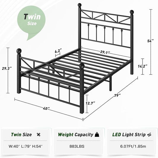 EnHomee 14.2" Metal Twin Bed Frames with Tall Headboard & Footboard, LED Light Twin Bed Frame, Strong Slats Support and Noise-Free Design with Under Bed Storage/No Box Spring Needed/Black