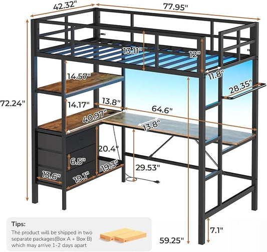 DICTAC Twin Loft Bed with L-Shaped Desk, LED Lights,Charging Station LED Metal Kids Loft Bed Twin Size with 3 Storage Shelves and 3 Fabric Drawers, Safety Guard & Ladder,No Box Spring Needed, Black