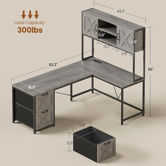 SEDETA L Shaped Gaming Desk, Reversible 86.6" Computer Desk with Fabric Drawers and Power Outlet, Gaming Desk with Led Lights, Hutch and Storage for Home Office, Light Gray