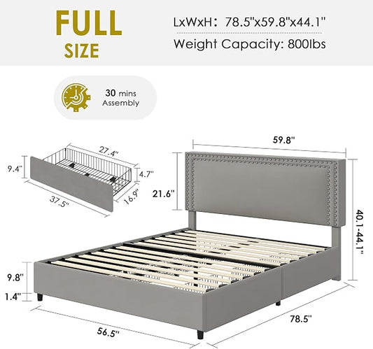 VECELO Full Size Upholstered Bed Frames with 4 Storage Drawers, Adjustable Velvet Rivet Decor Headboard, Wooden Slats Platform Support, No Box Spring Needed, Easy Assembly,Dark Grey