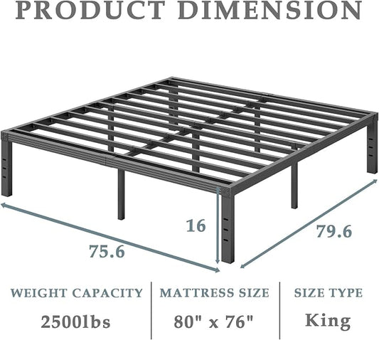 FSCHOS King-Bed-Frame, 16 Inch Metal Platform, Heavy Duty, Easy Assembly, Noise Free, Black