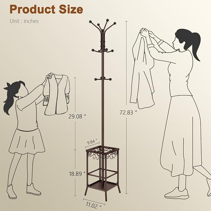 Hoctieon Coat Rack Freestanding, Coat Tree with Umbrella Holder, Metal Coat Rack Stand with 12 Hooks, Standing Coat Hanger Stand, Umbrella Stand for Entryway, Hat Rack Stand for Home Office, Brown