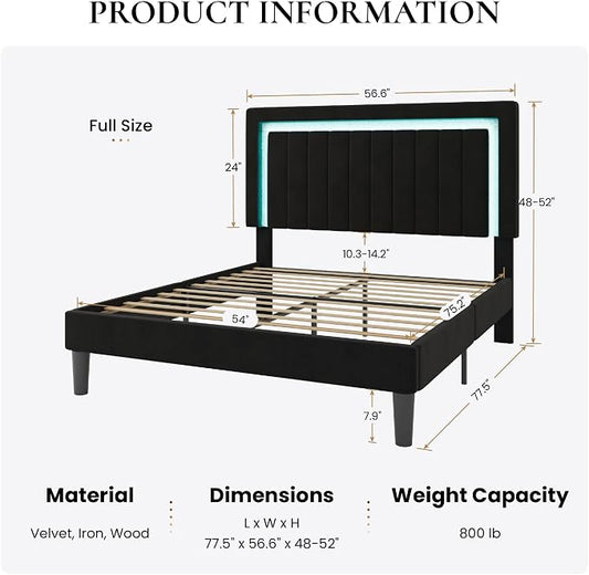 SHA CERLIN Full Size Velvet Bed Frame with LED Light, Adjustable Vertical Channel Tufted Headboard, Strong Wooden Slats Support, Noise-Free, No Box Spring Needed, Black