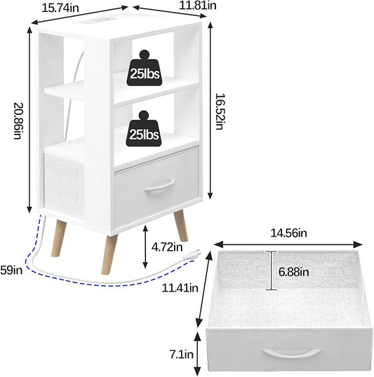Aenuert Night Stand with Charging Station, White Nightstand with Drawer, 3-Tier Wooden Bedside Table with USB Ports and Outlets, End Table for Small Space, Living Room, Bedroom