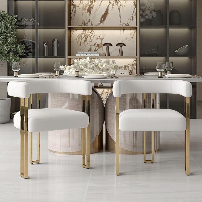 Hyfirm Beige and Gold Modern Dining Chairs Set of 2, Velvet Upholstered Barrel Armchairs with Metal Legs for Kitchen Island, Mid Century Accent Chairs for Dining Room Living Room, Open-Back