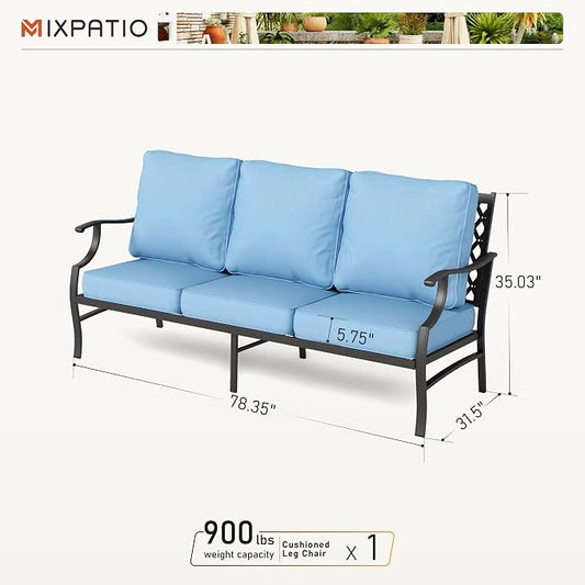 MIXPATIO Patio Couch Metal 3-Seat Outdoor Sofa Deep Seating Outdoor Furniture Blue Cushion for Front Porch, Deck, Balcony, Backyard, Sunroom