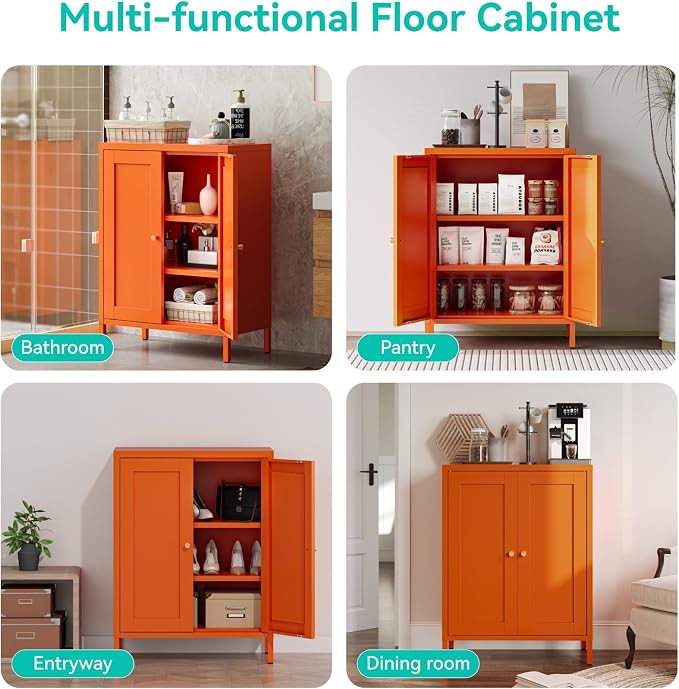 Metal Floor Storage Cabinet, Small Freestanding Sideboard Storage with 2 Adjustable Shelves for Bathroom Entryway Living Room Dining Room Coffee bar,11.8"D x 23.6"W x 31.5"H,3-Tier,Orange