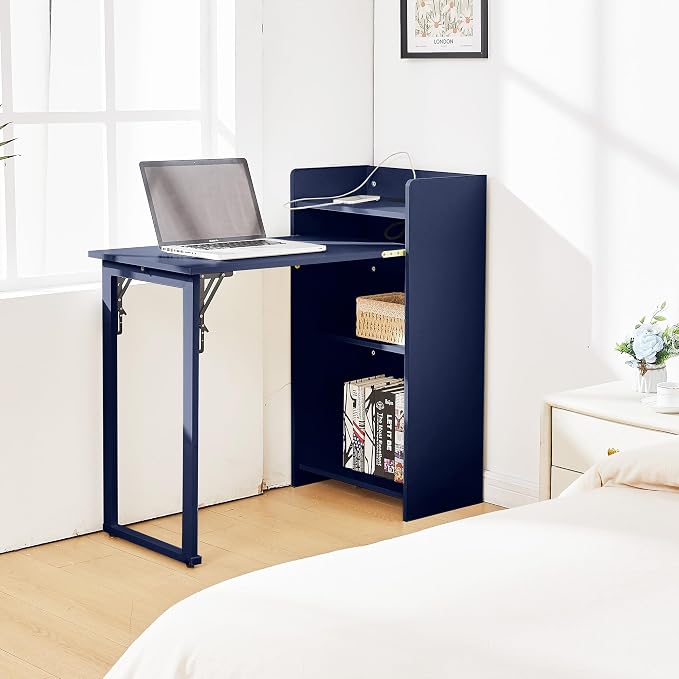 Fold Out Desk with Storage and Built-in Outlet,Foldable Desk for Small Spaces, Hidden Folding Table for Home Office or Bedroom