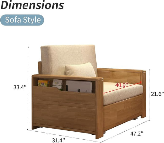 48" Natural Wood Tone Solid Wood Frame, 3-in-1 Sleeper Sofa with Storage | Solid wood sofa for living rooms, apartments & offices — single-size, it works as a guest bed to maximize small space.
