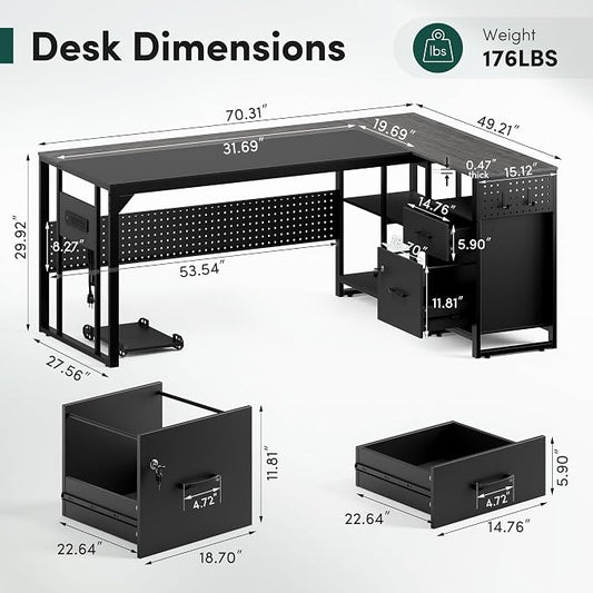 MALOL 70.3" L-Shaped Office Desk, Reversible L-Shaped Computer Desk with Power Outlet, Large Executive Desk with Locked File Drawers & Storage Shelves, Pegboard, Mobile CPU Stand, Modern Corner Desk
