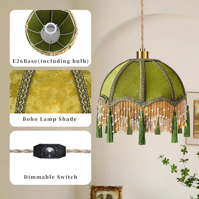 QIYIZM Plug in Pendant Light Boho Hanging Lights with Plug in Cord Fringe Green Hanging Lamp Gold Mid Century Modern Vintage Dimmable Tassel Flower Retro Plug in Chandelier Ceiling Fixture Victorian