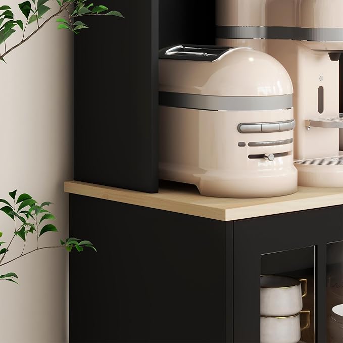 HOMCOM Kitchen Pantry Storage Cabinet, 72" Freestanding Cabinet with Hutch, Large Countertop, Glass Doors and Adjustable Shelves for Dining Room, Black