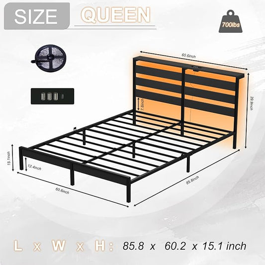 Queen Size Metal Platform Bed Frame with LED Headboard & Storage Shelf, Modern Black Metal Bed with USB Charging, No Box Spring Needed, Sturdy Slat Support for Bedroom(Black, Queen)