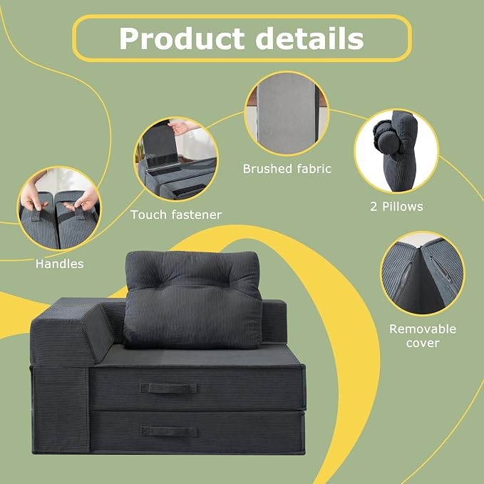 Folding Sofa Bed, 4 in 1 Convertible Sleeper Chair with Pillow, Standard Memory Foam Fold Out Chair Bed, Modern Floor Futon Sofa Couch Mattress for Living Room/Guest/Apartment, Black Grey