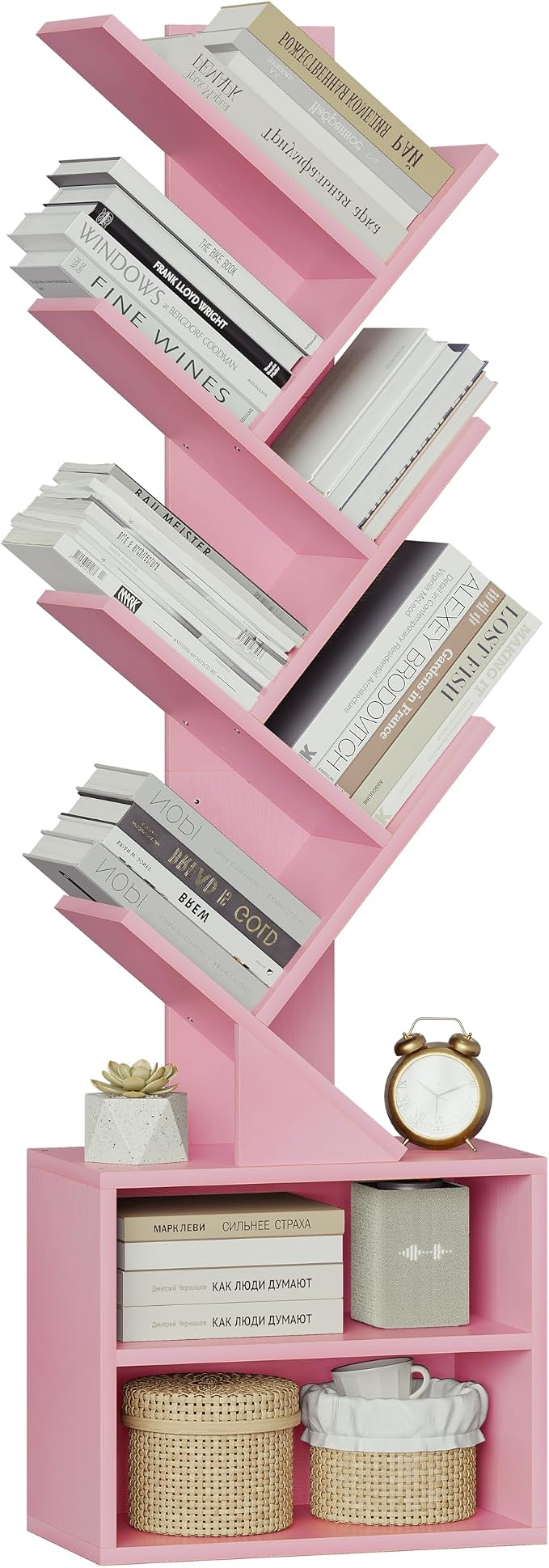 SUNMORY 6 Tier Tree Bookshelf, Small Bookcase with Storage Cabinet, Modern Tall Narrow Bookshelves Organizer, Floor Standing Book Shelf for Bedroom/Living Room/Home Office/Corner, Pink