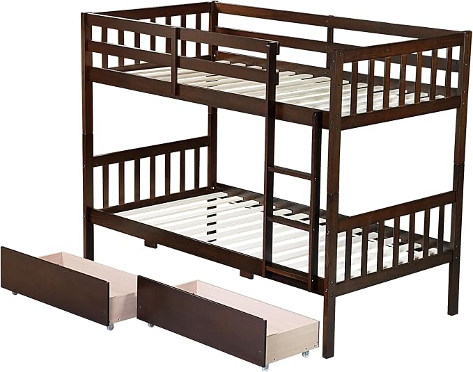Harper & Bright Designs Twin Over Twin Bunk Bed with 2 Drawers, Convertible into 2 Twin Beds, Twin Bunk Bed with Ladder and Safety Guardrails, Espresso